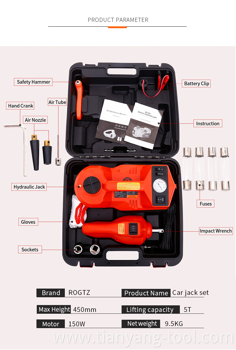 Quick Replace Tire Tools Set CE ISO Durable Portable 3in1 LED Light 5T Electric Car Hydraulic Jack and DC12V Impact Wrench